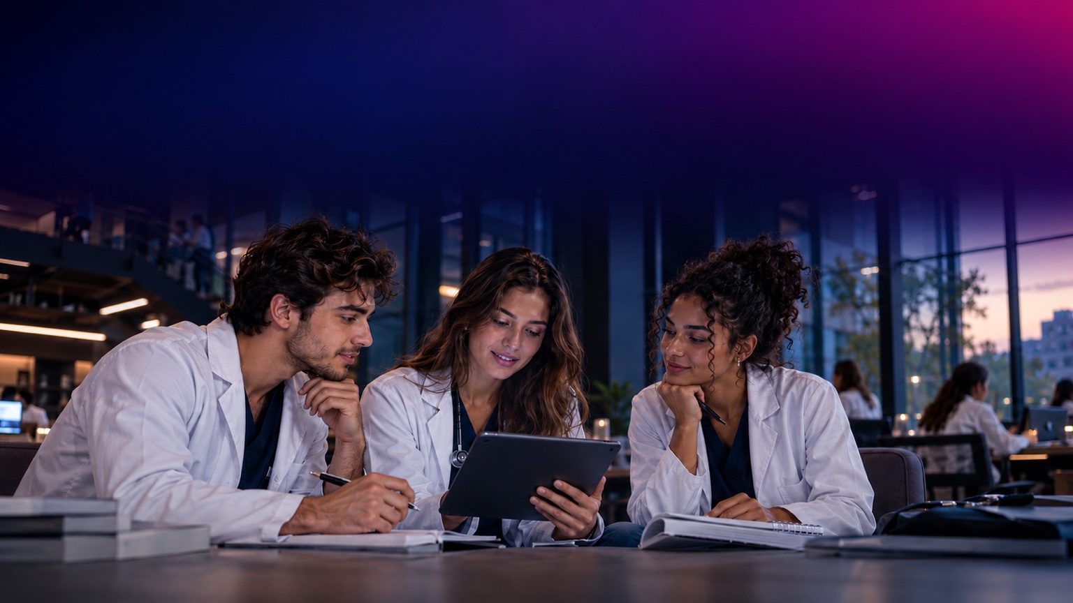Três estudantes de Medicina estudando juntos com um tablet em um campus